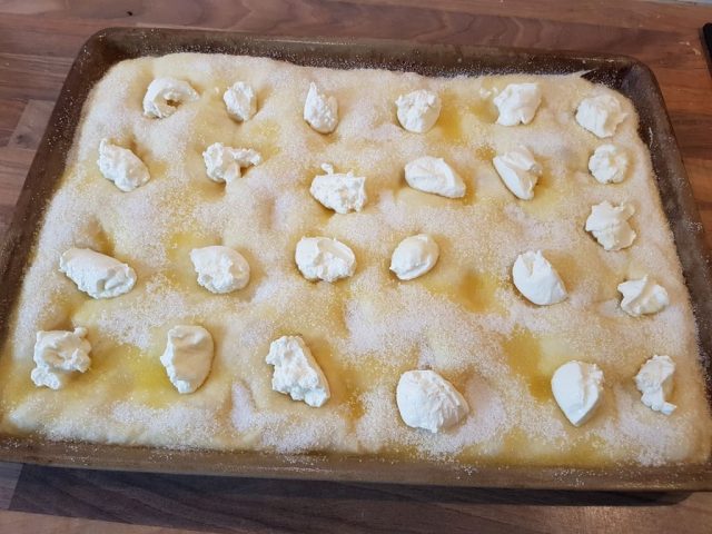 Butterzuckerkuchen mit Aprikosen Schmand Nästchen auf dem großen Ofenzauberer
